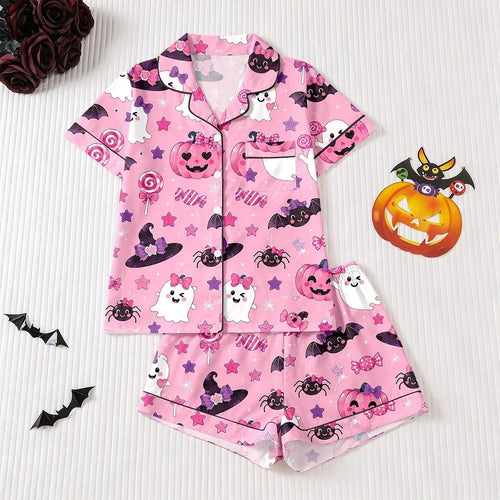 Satin Halloween Pumpkin Ghost Pajama Set